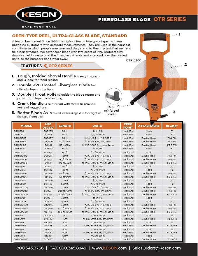 Keson OTR10M165 Open Reel Fiberglass Tape Measure Reel with Double Hook (Graduations: 1/10, 1/100 & m, cm, 2mm), 50M/165-Foot