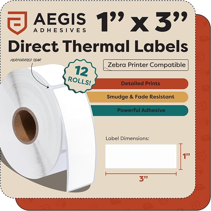 Aegis Adhesives - 1" X 3" Direct Thermal Labels (6000 Count, 12 Rolls) - Barcode Stickers for Inventory, SKU Labels, and Shelf Identification - Compatible with Zebra Printers, NOT Rollo Compatible