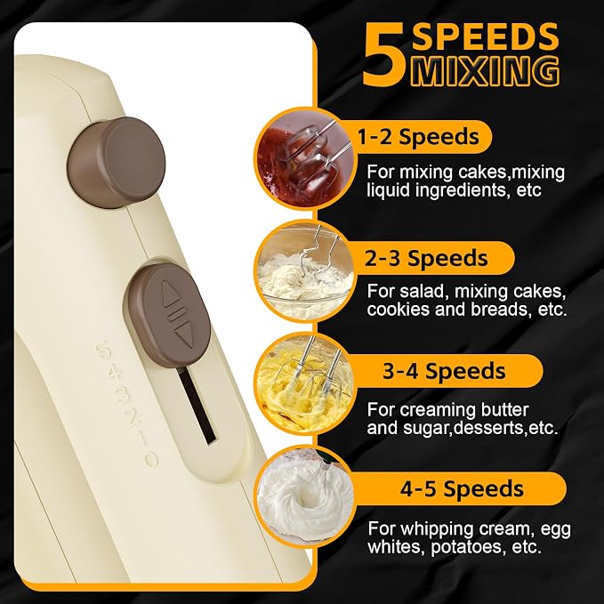 Lord Eagle 5-Speed Hand Mixer Electric, 300W Compact Handheld Mixer, Portable Kitchen Egg Beater with 5 Attachments & Storage Bag, Cake Supplies for Bread Dough Baking, Lightweight, Cream