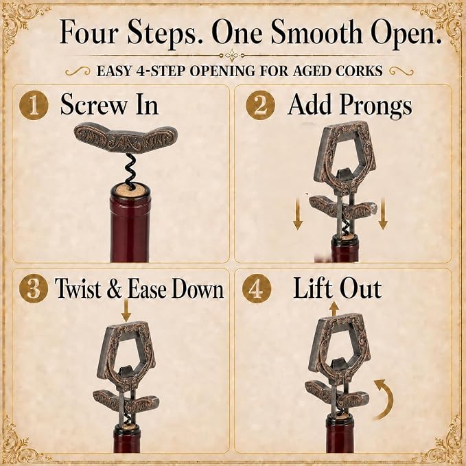 Wine Couple 3 in 1 Wine Bottle Opener, Ah So Two Prong Corkscrew (Copper) | For old fragile corks, beer caps and vintage bottles. Black gift box for wine lovers, collectors and gifting
