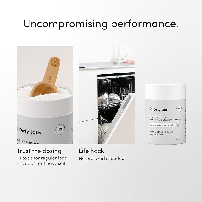 Dirty Labs | Dishwasher Detergent and Booster | Scent Free | 48 Loads (1 lb) | Ultra Clean, Spot Free, Quick Wash Optimized | Hyper Concentrated