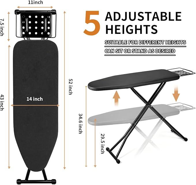 Ironing Board, 43x14 Inch Iron Board with Steam Rest, Heavy Duty Metal Frame Legs Ironing Table with Heat Resistant Cover Mat, Foldable Full Size Hanger Ironing stand (Silver, 52"L x 14"W x 34.6"H)