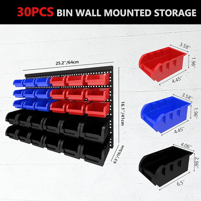 30Pcs Plastic Wall Mounted Storage Bins Parts Rack Nuts And Bolt Bins Organizer For Shop Garage for Screws, Nuts, Bolts, Nails, Beads, and Small Hardware Parts(RED+BLUE+BLACK, 30)