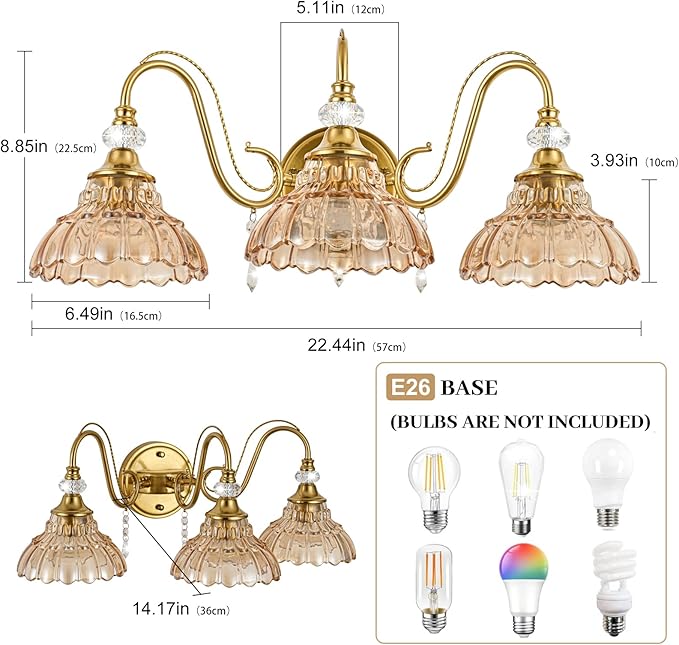Vintage Bathroom Vanity Light, 3-Light Brushed Gold Finish Wall Sconce with Hanging Crystal Accents and Flower-Shaped Amber Glass Shades, Retro Wall Mount Vanity Light Over Mirror for Bathroom