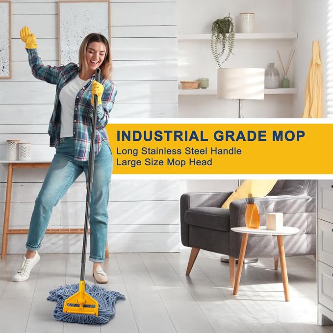 KeFanta 2 Pack Commercial Mop Heavy Duty Industrial Mops,60 inch Long Handle with Looped-End String Cotton Wet mop Head Replacement for House,Kitchen,Laminate,Tile,Vinyl,Hardwood Floor Cleaning(Blue)