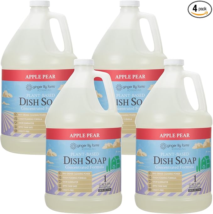 Ginger Lily Farms Botanicals Plant-Based Liquid Dish Soap, Concentrated Formula with Max Grease Cleaning Power, Cruelty-Free, Apple Pear Scent, 1 Gallon (Pack of 4)