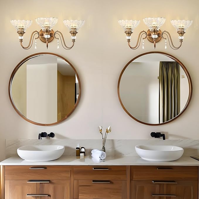 Vintage Bathroom Vanity Light, 3-Light Matte Antique Brass Finish Wall Sconce with Hanging Crystal Accents and Flower-Shaped Clear Glass Shades, Retro Wall Mount Vanity Light Over Mirror for Bathroom