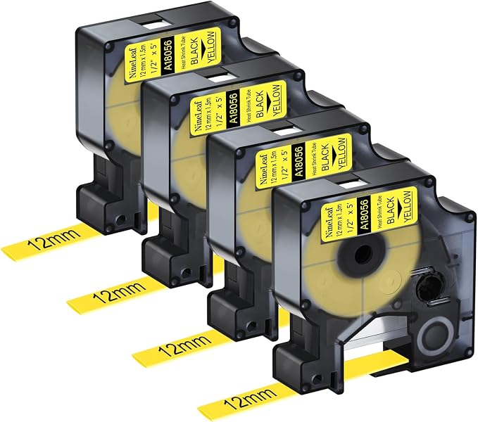 Nineleaf 4 Pack Compatible for DYMO 18056 Rhino Heat Shrink Tube Industry Label Tape 12mm 1/2" x 5ft Black on Yellow Wire Tapes for Industrial Rhino Pro 3000 4200 5000 5200 6000 3M Label Maker