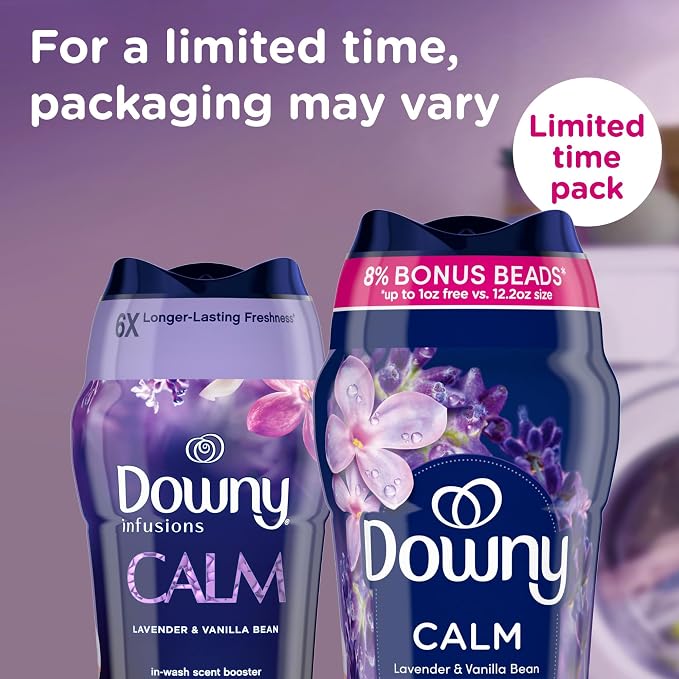 Downy Calm In-Wash Laundry Scent Booster Beads, Soothing Lavender and Vanilla Bean scent, 12.2 OZ, laundry scent beads, Long-lasting Freshness (Packaging May Vary) (Pack of 4)