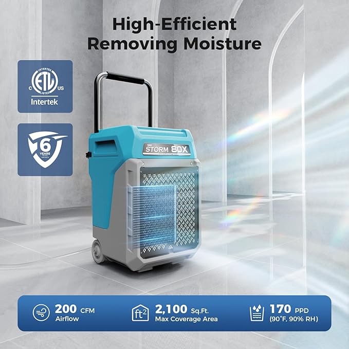 ALORAIR 170 PPD Commercial Dehumidifier with Pump & Drain Hose, LGR Industrial Use, Portable Dehumidifier with Wheels for Water Damage Restore, Carpet Drying, 6-Year Limited Warranty, Storm 80X (Blue)