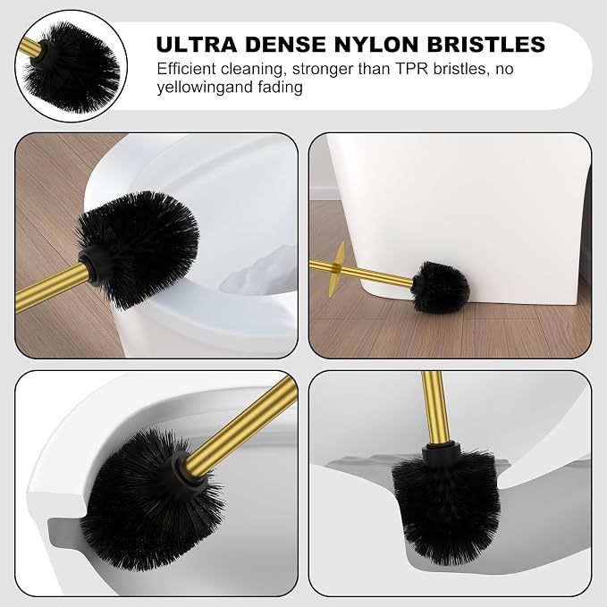 Brass Gold Toilet Brush and Holder Set，Stainless Steel Heavy Duty Toilet Bowl Brush，Extra Long Handled Modern Toilet Cleaner Brush with Replaceable Head, Removable Inner Bowl, and Splash Protection