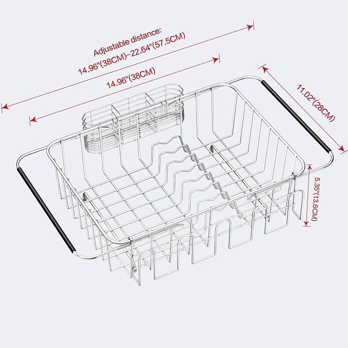 Fanbsy Dish Drying Rack in Sink, Extendable Stainless Steel Dish Drainers for Kitchen Counter, Anti-Rust Dish Dryer Rack with Utensil & Cup Holders, for Inside Sink, Over The Sink
