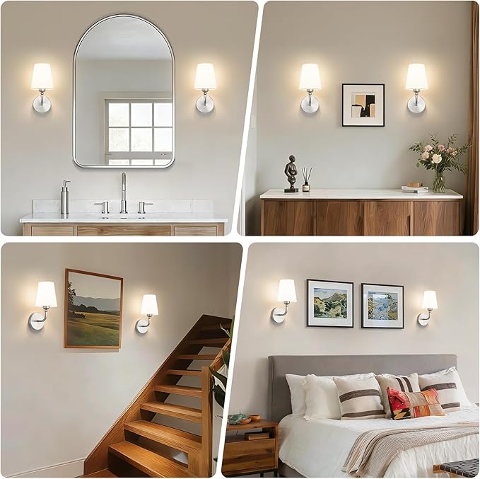 Modern Bathroom Vanity Light, Brushed Nickel Bathroom Light Fixtures, Set of 2 Lighting Fixtures Over Mirror, Modern Wall Sconce with Flared White Fabric Shade, E26 Socket(ETL Listed)