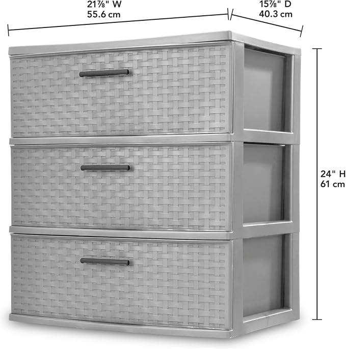 Sterilite 4 Pack 3 Drawer Wide Storage Tower, Weave Organizer, Cement | Lightweight Opaque Home Organization Container for Bedrooms, Closets, or Bathrooms