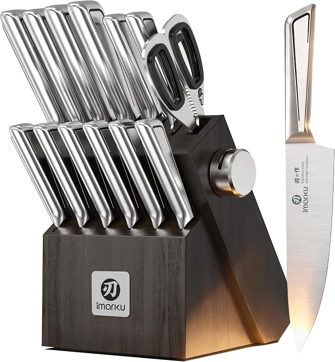 imarku Japanese High Carbon Stainless Steel Knife Set with Block, Precision-Forged Gyutou Kitchen Knives with Built-in Sharpener, Ultra-Sharp 10–15° Edge, Ergonomic Non-Slip Handle, Dishwasher Safe