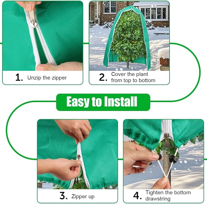 4-Pack Plant Covers Freeze Protection, Frost Covers with Zipper Drawstring, Plant Protectors from Animals, Outdoor Winter Frost Cold Weather Shrubs Trees Jacket Covers (31.5" x 47.3",Green)
