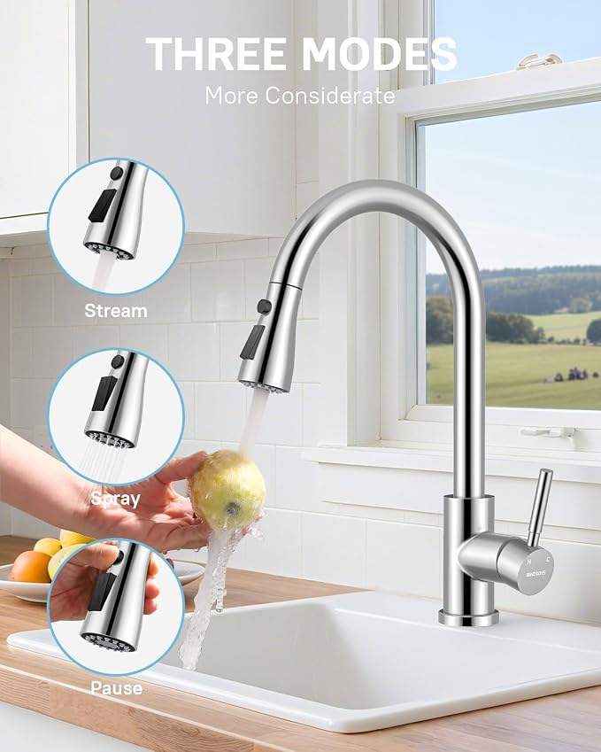 WEWE Kitchen Faucet with Pull Down Sprayer and Soap Dispenser, Polished Chrome High Arc Single Handle Stainless Steel Sink Faucet, Suitable for Farmhouse, RV & Laundry