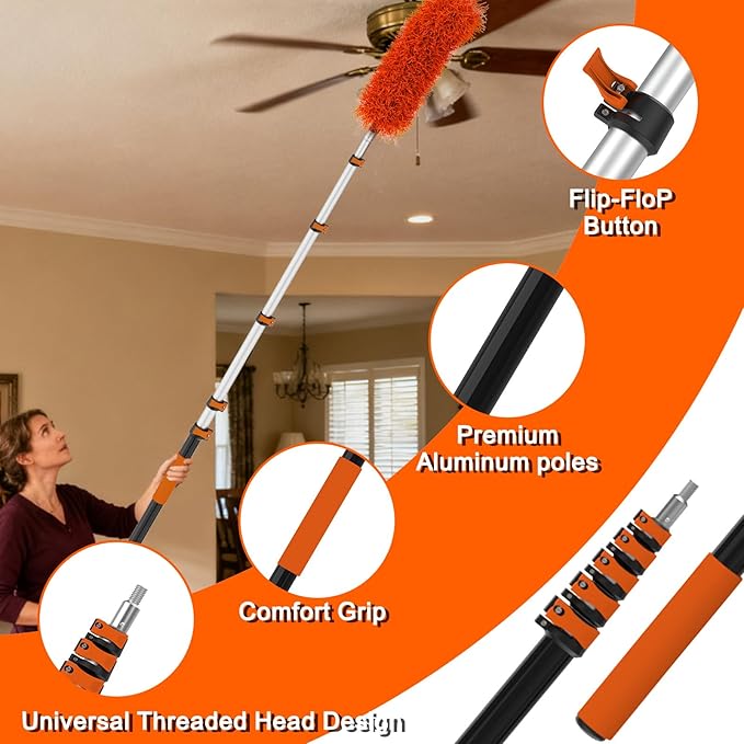 30FT Reach Duster Kit, Window Cleaning with 5-24FT Telescoping Extension Pole, High Ceiling Duster, Microfiber Feather Duster, Cobweb Duster, Window Squeegee, Feather Duster, Extendable Pole Kit