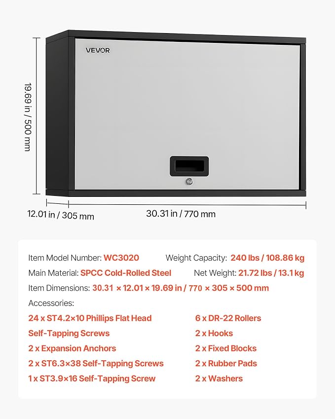 VEVOR Metal Wall Cabinet, 30.31 x 12.01 x 19.69 Inch, Floating Garage Tool Cabinet with Up-Flip Door and Shelf, 240 lbs Load Capacity, Fit for Garage, Basement, Kitchen, Warehouse Assembly Required