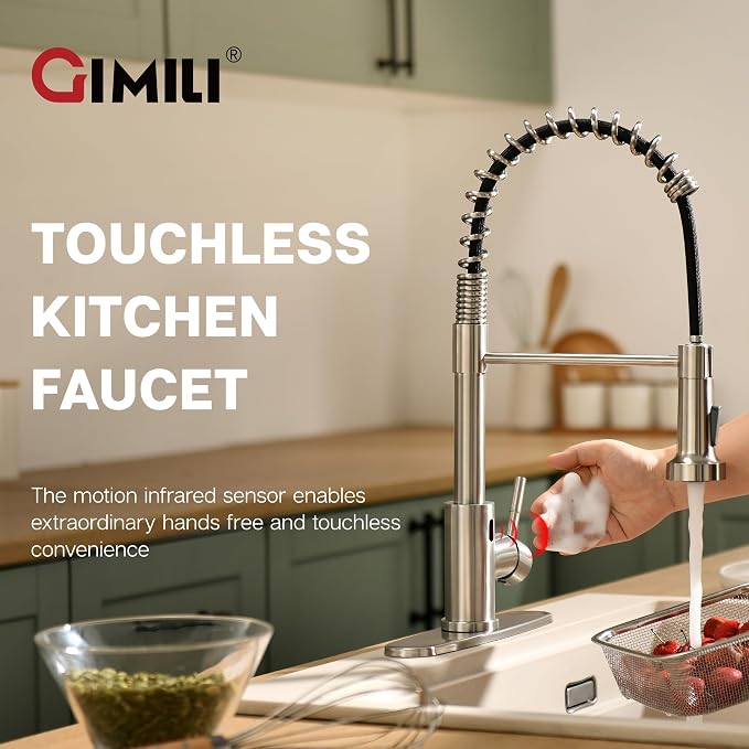 GIMILI Touchless Kitchen Faucet with AC Adapter, Smart Motion Sensor Hands Free Single Handle Kitchen Sink Faucet with Pull Down Sprayer, Brushed Nickel