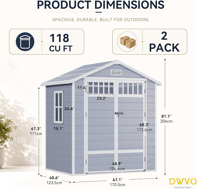 DWVO 6x4.4 FT Outdoor Storage Shed with Fence-Style and Side Windows, Lockable Door and Vents, Resin Storage Shed, Tool Shed for Garden Backyard Patio Lawn