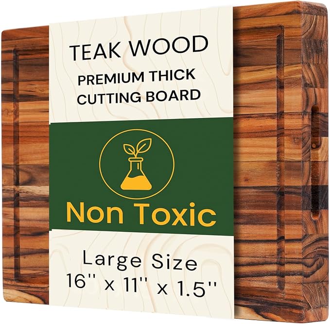 Large Teak Cutting Board 16" x 11" x 1.5" Thick Edge Grain Butcher Block for Meat & Kitchen Prep with Juice Groove and Handle, Solid Hardwood, Non Toxic Wood Cutting Board by New M Way