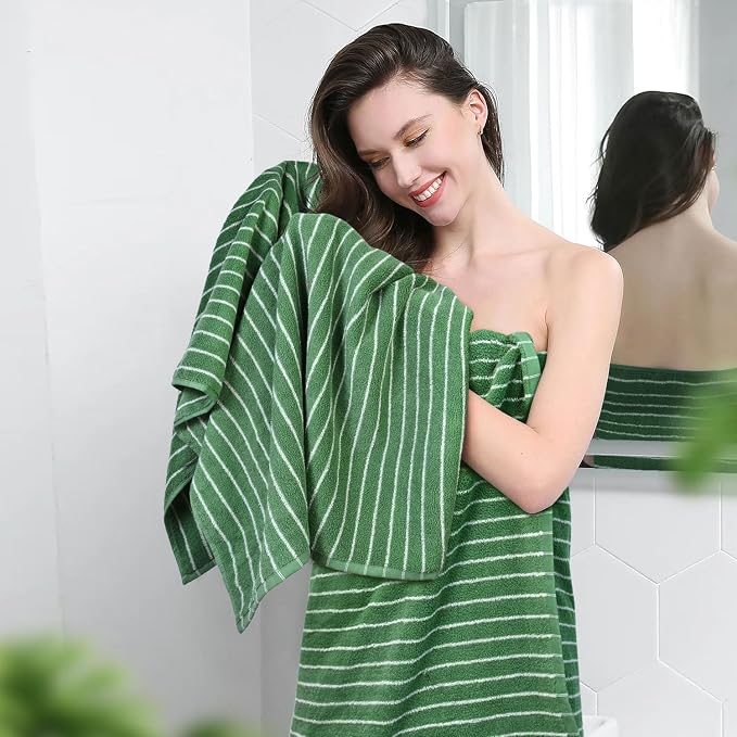 Bath Towels 2 Pack, Lighter & Quick Dry Towels Large 27.5 x 55 inches, | Luxury Terry Cotton Towels for Bathroom Beach Swim, Forest Green & White Striped