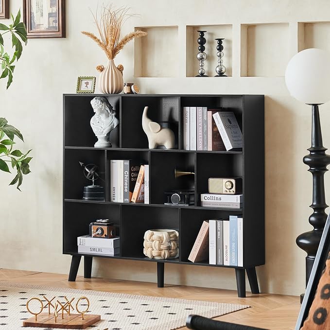 LEYAOYAO 8 Cube Bookshelf, Mid-Century Modern Book Shelf with Legs, Black | 3 Tier Bookcase, Rustic Wood Bookshelves Freestanding Large Storage Organizer, Open Shelves for Bedroom, Living Room, Office