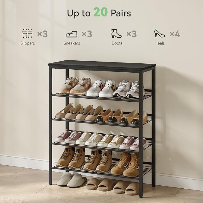 Nunsino Shoe Rack for Closet,5 Tier Shoe Organizer for Entryway,Shoe Shelf with Storage Shelves and Spacious Top,Max Holds 20 of Shoes,Black