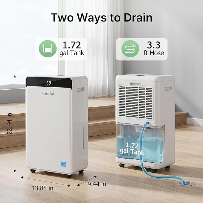Ludatido 2026 Upgraded ENERGY STAR Dehumidifier, 80 Pint/Day, 5000 Sq.Ft for Whole Home & Basement, 1.72 Gal Tank, 35dB Quiet, Child Lock, Sleep/Fan/Dry Modes, 24H Timer & Auto Continuous Drain