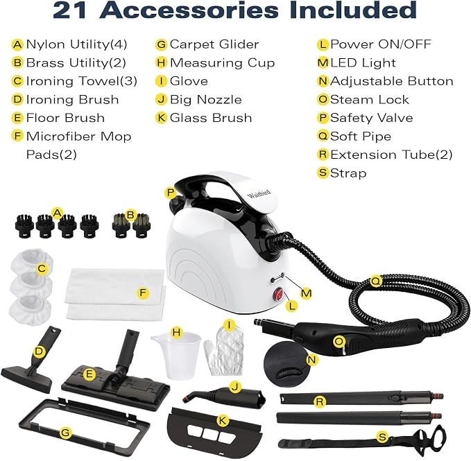Waitbird Steam Cleaner for Home, 4.5 Bar High Pressure 248°F Fast Heat Handheld Steamer for Cleaning, 21-Piece Accessory Kit, Chemical Free Multi-Purpose Cleaner for Floors, Grease, Tile, Grout