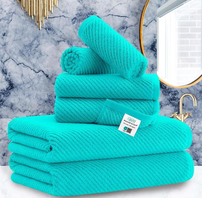 VOOVA & MOVAS 6PC Towel Set, 100% Cotton, Turquoise | 2 Large Bath 30x56 In, 2 Thick Hand 18x28 In, 2 Absorb Washcloths 13x13 In, Quick Dry, Thick, Luxury Gift Set