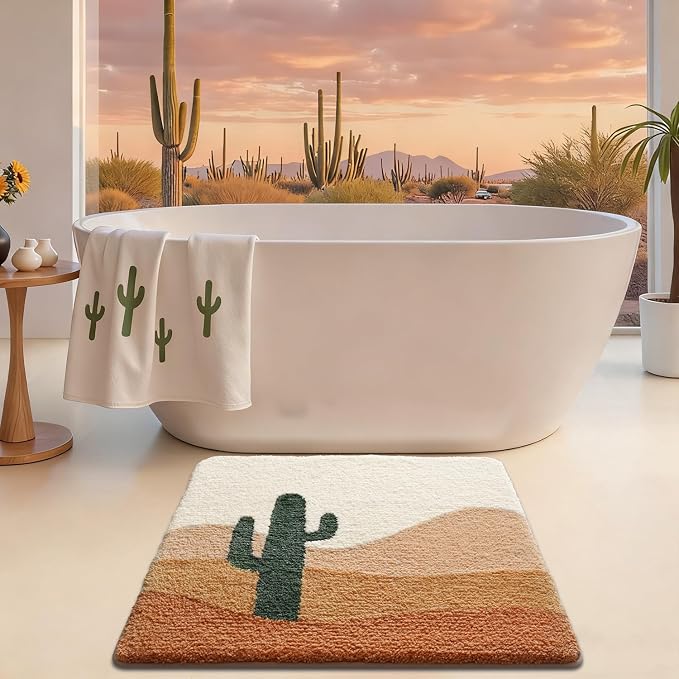 LUMI Bathroom Rugs with Cactus Plant, Square Bathroom Mat, Ultra Soft, Absorbent Quick Dry, Non-Slip Washable Shower Rugs, Luxury Carpet for Shower Floor, Bathtub, Home Decor, 32"x32"