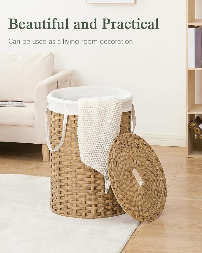 SETVSON Laundry Basket with Lid Round 29.1 Gal PE Rattan, Natural | Family Clothes & Blanket Trunk with Lid, Removable Liner Bag with Handles, 2 Mesh Wash Bags, Collapsible Steel Frame