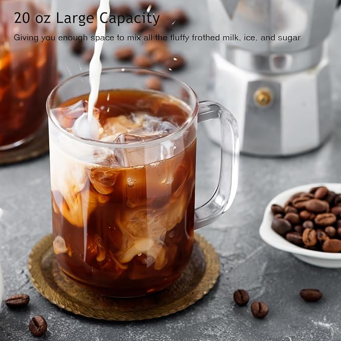 Glass Coffee Mugs, 20 oz Ice Coffee Cups Set of 4, Large Clear Tea Cups, Glass Mugs with Handles for Hot Beverages, Glass Cups for Latte, Cappuccino, and Tea