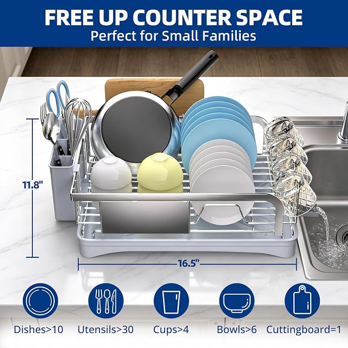 Dish Drying Rack -304 Stainless Steel Dish Rack for Kitchen Counter | Dish Drainer with Cutlery Knife Fork & Cup Rack, Auto-Drain to Sink, Gift for Wife Mothers Her, Home & Family Gadgets, Silver