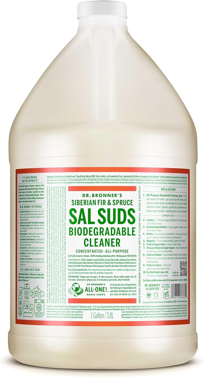 Dr. Bronner's Sal Suds Biodegradable Cleaner (Fir & Spruce, 1 Gallon) – All-Purpose Pine Mop Soap & Detergent for Floors, Multi-Purpose Household Formula, Dish Degreaser & Laundry Use