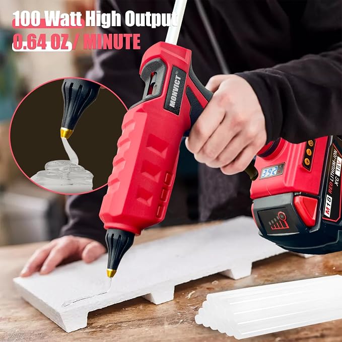 MONVICT 100W Cordless Glue Gun for Milwaukee 18V Battery, Upgraded | Digital Temperature Adjustable Handheld Electric Power Full Size Heavy Duty Hot Glue Gun with 10 Glue Sticks (Tools only)