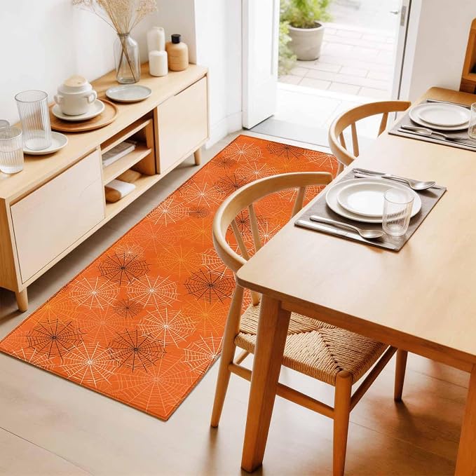 Hallway Runner Rug 2'x6', Orange Halloween Washable Bathroom Area Rugs for Kitchen Bedroom Laundry, Black White Net Halloween Non Slip Door Mat Indoor Entrance Floor Throw Bedsides Carpet