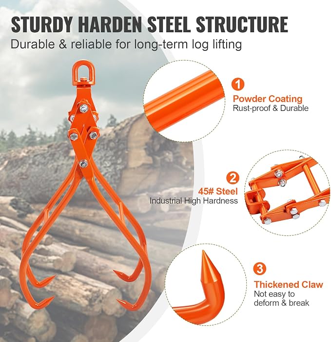 VEVOR Timber Claw Hook, 36 inch 4 Claw Log Grapple for Logging Tongs, Swivel Steel Log Lifting Tongs, Eagle Claws Design with 3307 lbs/1500 kg Loading Capacity for Tractors, ATVs, Trucks, Forklifts
