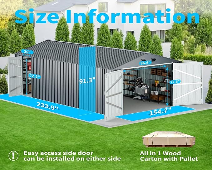 20 x 13 FT Metal Garage Shed, Large Metal Building Storage Shed with with 2 Lockable Doors&4 Air Vents, Galvanized Steel Prefab Shed Waterproof for Car, Truck, Bike, Tool, Dark Gray