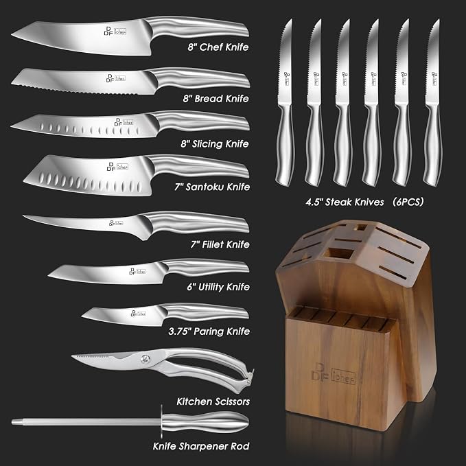 16-Piece Knife Set, High-Carbon Stainless Steel, Dishwasher Safe | Razor Sharp Knife Block Set, Silver Kitchen Knife Set with Block and Sharpener, Ergonomic Hollow Handles
