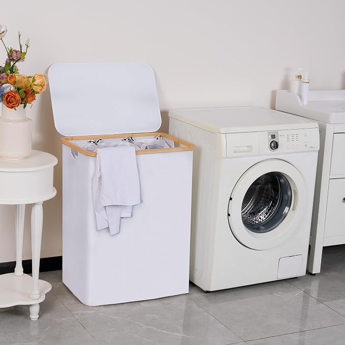 efluky Laundry Hamper with Lid, Trio Laundry Basket with 2 Removable Bags, 3 Section Laundry Bin with Bamboo Handles for Bathroom, Bedroom & Laundry Room, 160L (42.3 Gallon) White