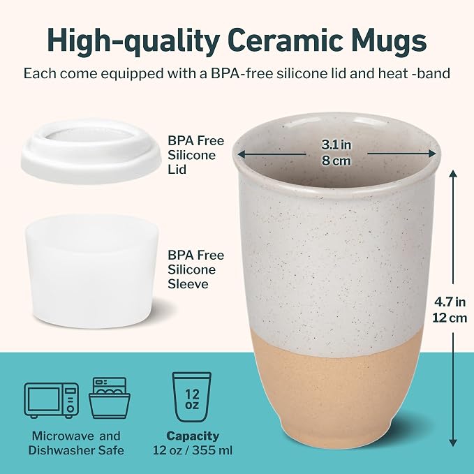 NOVA CERAMICS Travel Mugs - Reusable Coffee Cup – Cute Coffee Mugs Travel Coffee Tumbler – Microwave & Dishwasher Safe To Go Coffee Mug- Gifts For Women Men Him Her – 12oz - Dune