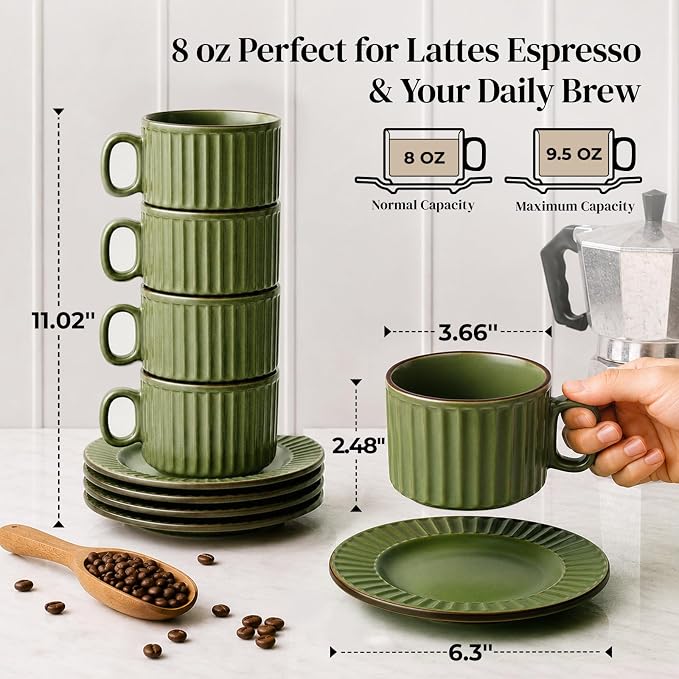 DOWAN Cappuccino Cup Set of 4, 8 OZ Ceramic Coffee Cups with Saucers, Coffee Mugs, Ribbed Espresso & Latte Cups Set, Elegant Stoneware for Home & Café Use