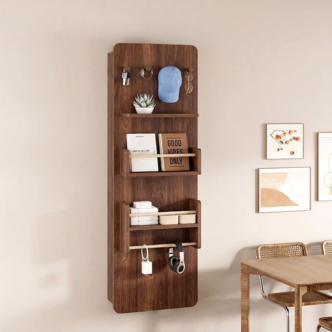 Kikihouse Wall Mounted Ironing Board Cabinet with Storage, Foldable Wall Ironing Board with Sliding Door, Wall Mount Space Saving Ironing Station for Laundry Room, Living Room, Entrance (Walnut)