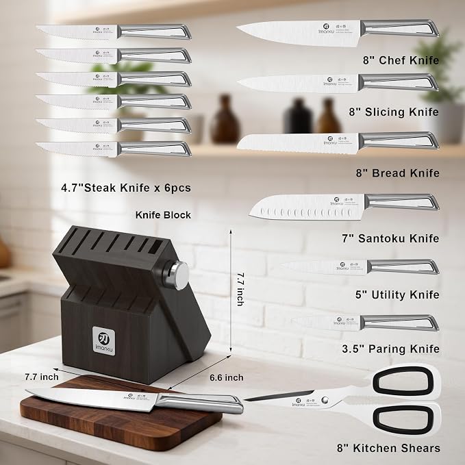 imarku Japanese High Carbon Stainless Steel Knife Set with Block, Precision-Forged Gyutou Kitchen Knives with Built-in Sharpener, Ultra-Sharp 10–15° Edge, Ergonomic Non-Slip Handle, Dishwasher Safe