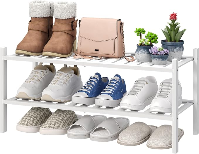 viewcare White Shoe Rack for Entryway, 2 Tier Shoe Organizer for Hallway Closet, Bamboo Wood Shoe Racks for Indoor Outdoor (White, 2-Tier)