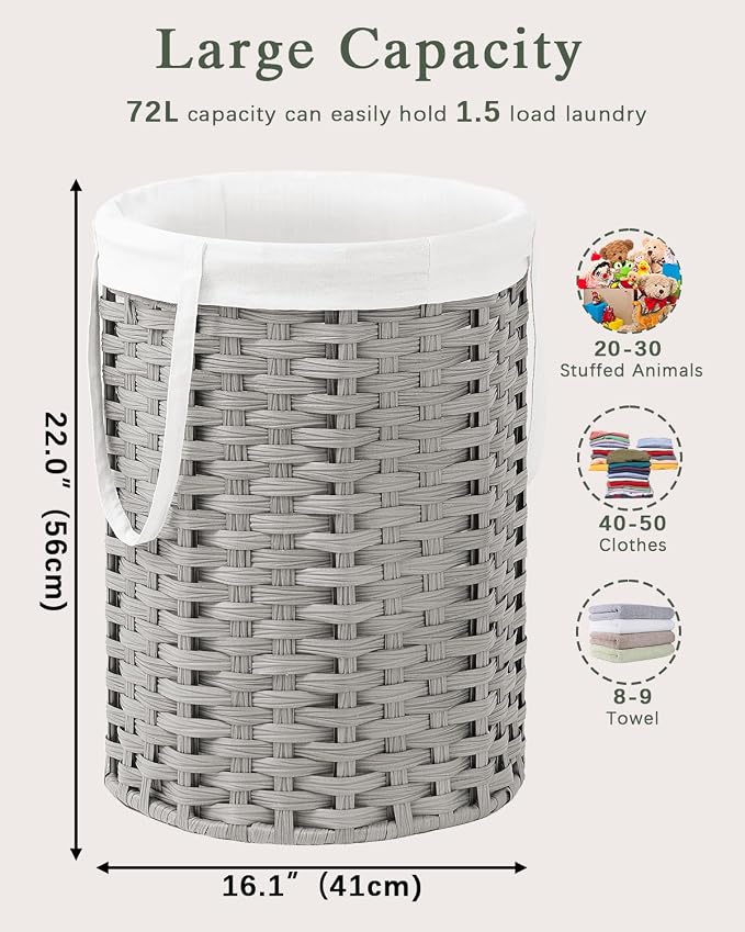 SETVSON Laundry Hamper Laundry Basket Round 19.0 Gal (72 L) Handwoven Rattan Hamper, Large Wicker Laundry Hamper with Removable Laundry Bag Handles 2 Mesh Bags for Bathroom Living Room Gray (No Lid)