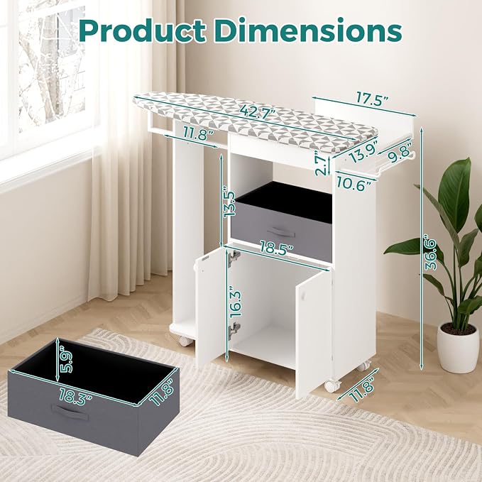 Rolling Ironing Board with Storage Cabinet, Wooden Ironing Board Cabinet with Drawer, Compact Space-Saving Ironing Table with Iron Rest Rack for Laundry Room, Living Room (One Size, Geometric)